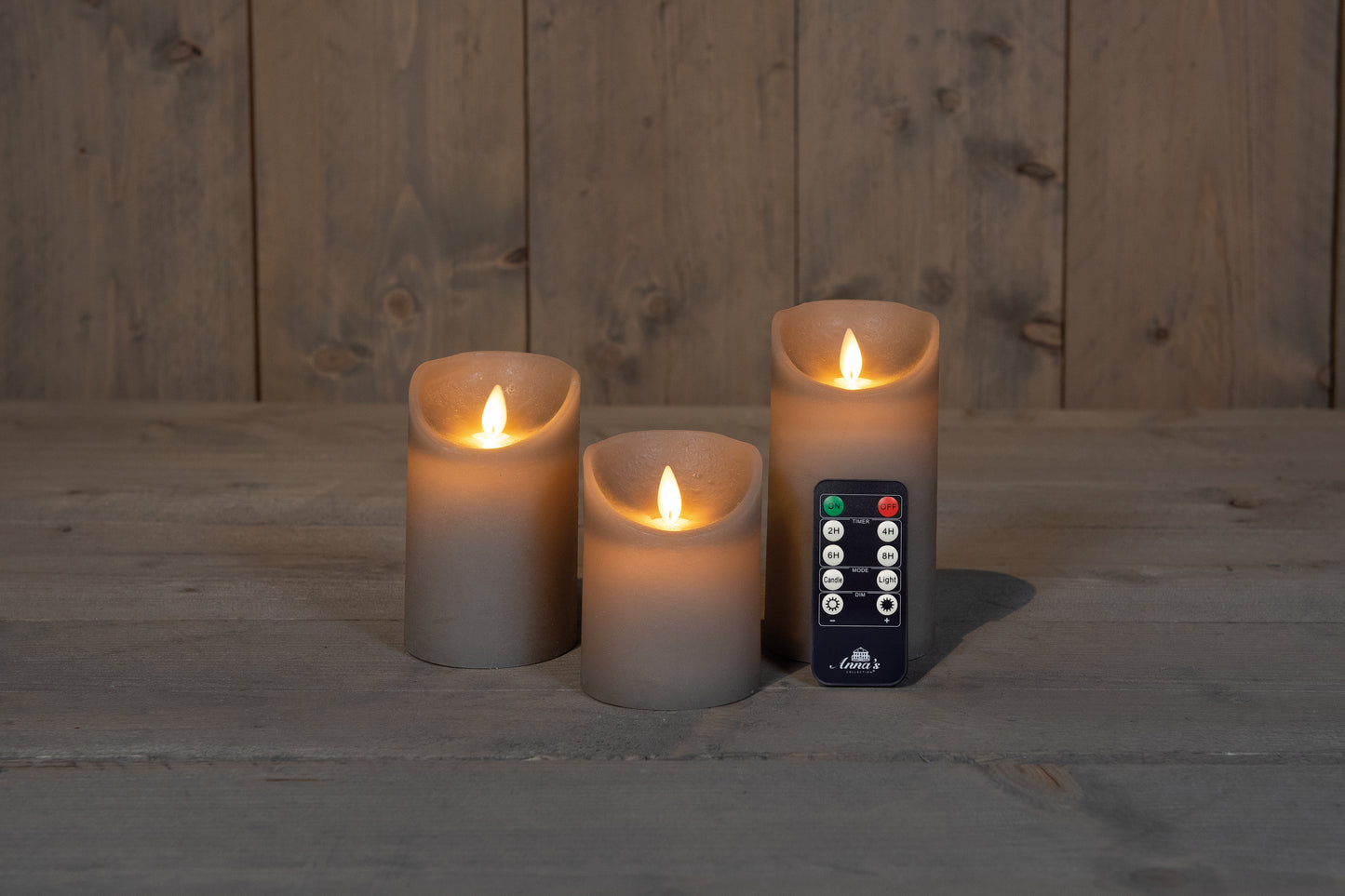 Flameless wax candles. Set of 3 in color Taupe. With remote control